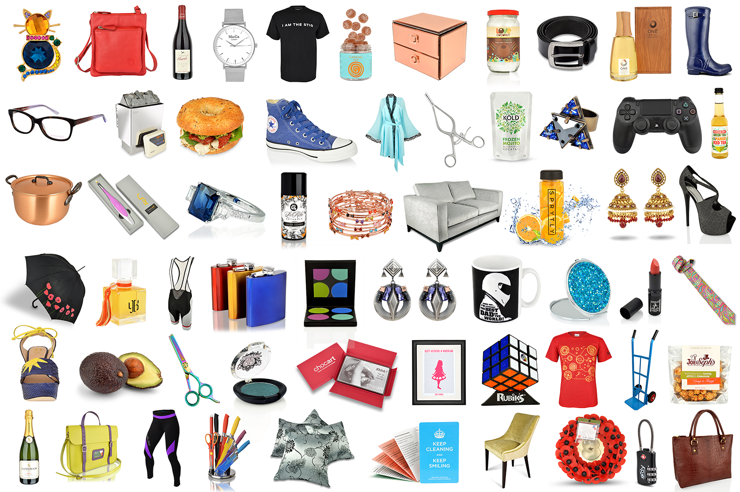Collage of product photography including jewellery, clothing, food, cosmetics and accessories