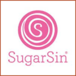 SugarSin logo graphic with pink concentric circles surrounding an S above pink lettering on a white background
