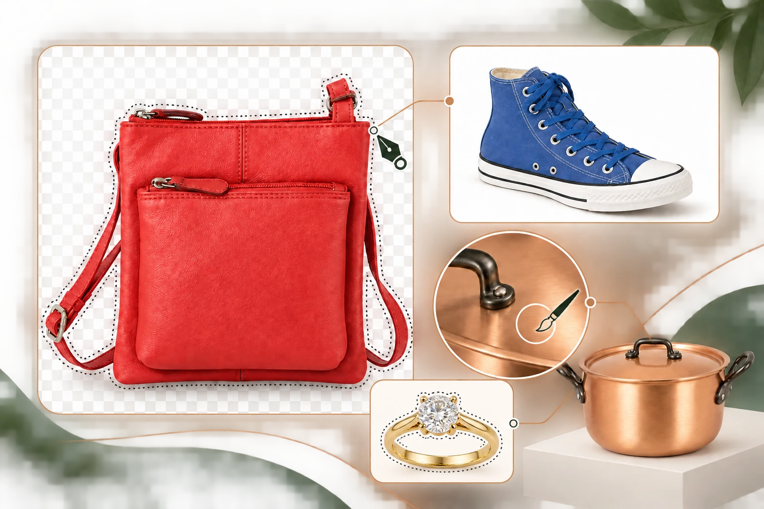 Product editing illustration showing handbag and jewellery cutouts, trainer colour correction and copper pan retouching