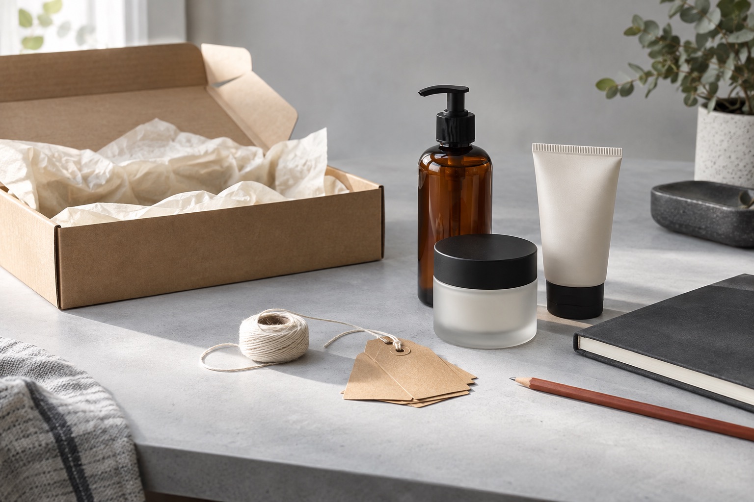 AI-created cosmetic containers beside a kraft delivery box, blank tags and charcoal notebook on a grey workbench