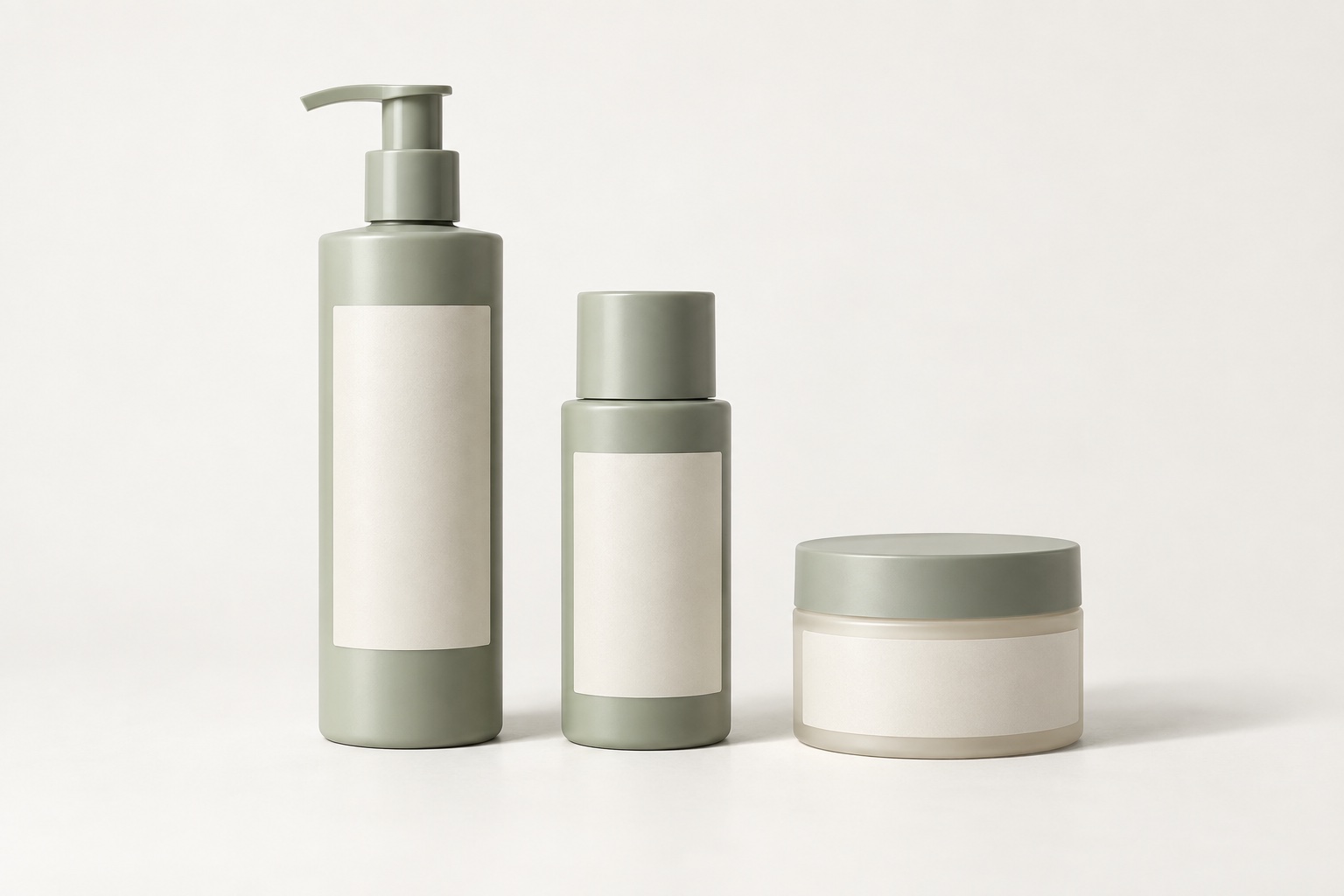 AI-created sage bottles and cream jar with blank labels and soft shadows on a warm white background