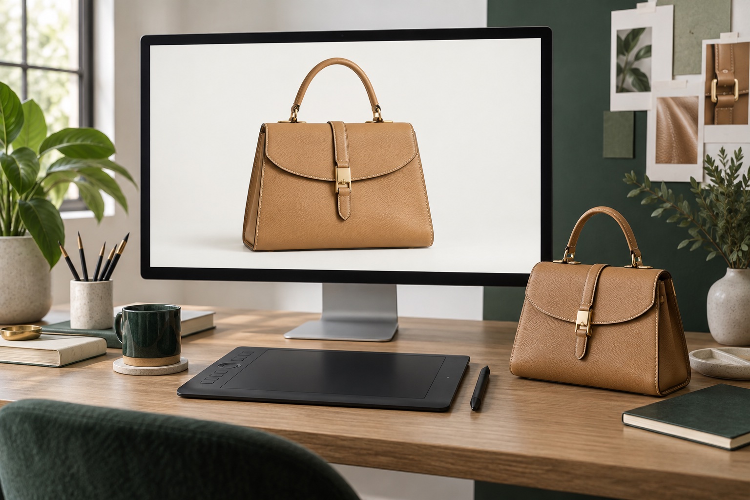 AI-created editing workspace with a tan leather handbag displayed on a monitor and a pen tablet on the desk