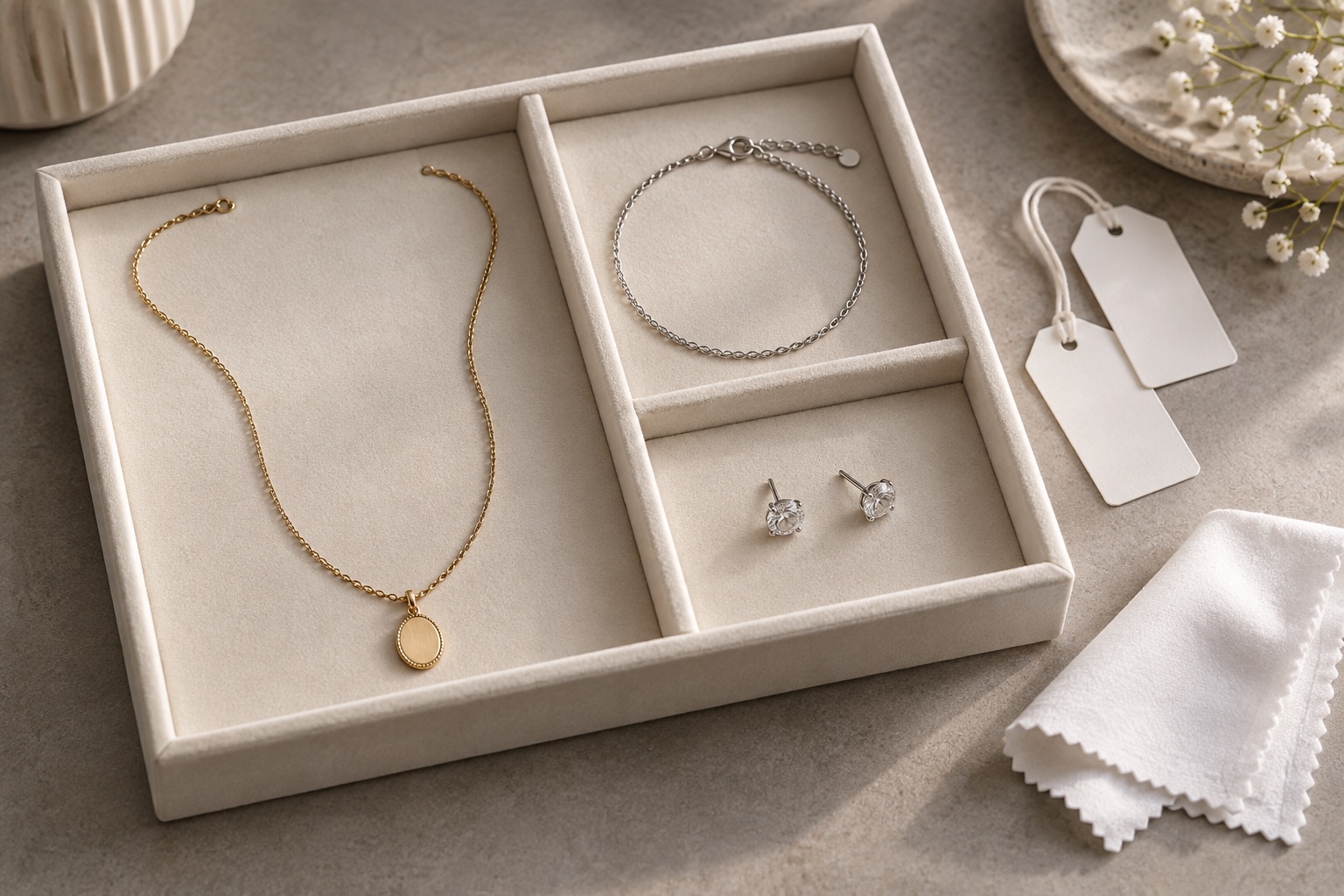AI-created necklace, bracelet and stud earrings in a cream tray beside blank tags and a white cloth
