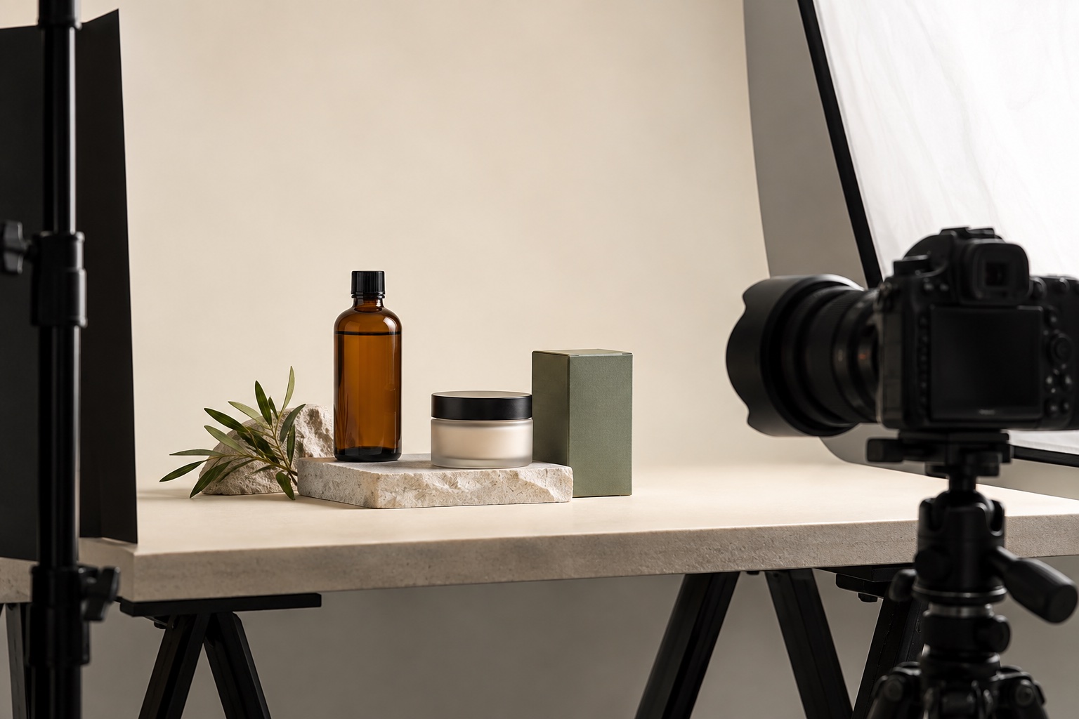 AI-created product arrangement with amber bottle, cream jar and green carton beside a studio camera