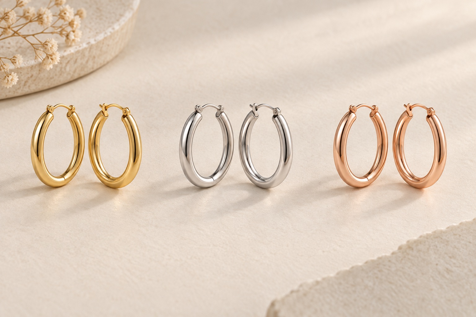 AI-created pairs of gold, silver and rose-gold coloured hoop earrings arranged on an ivory surface