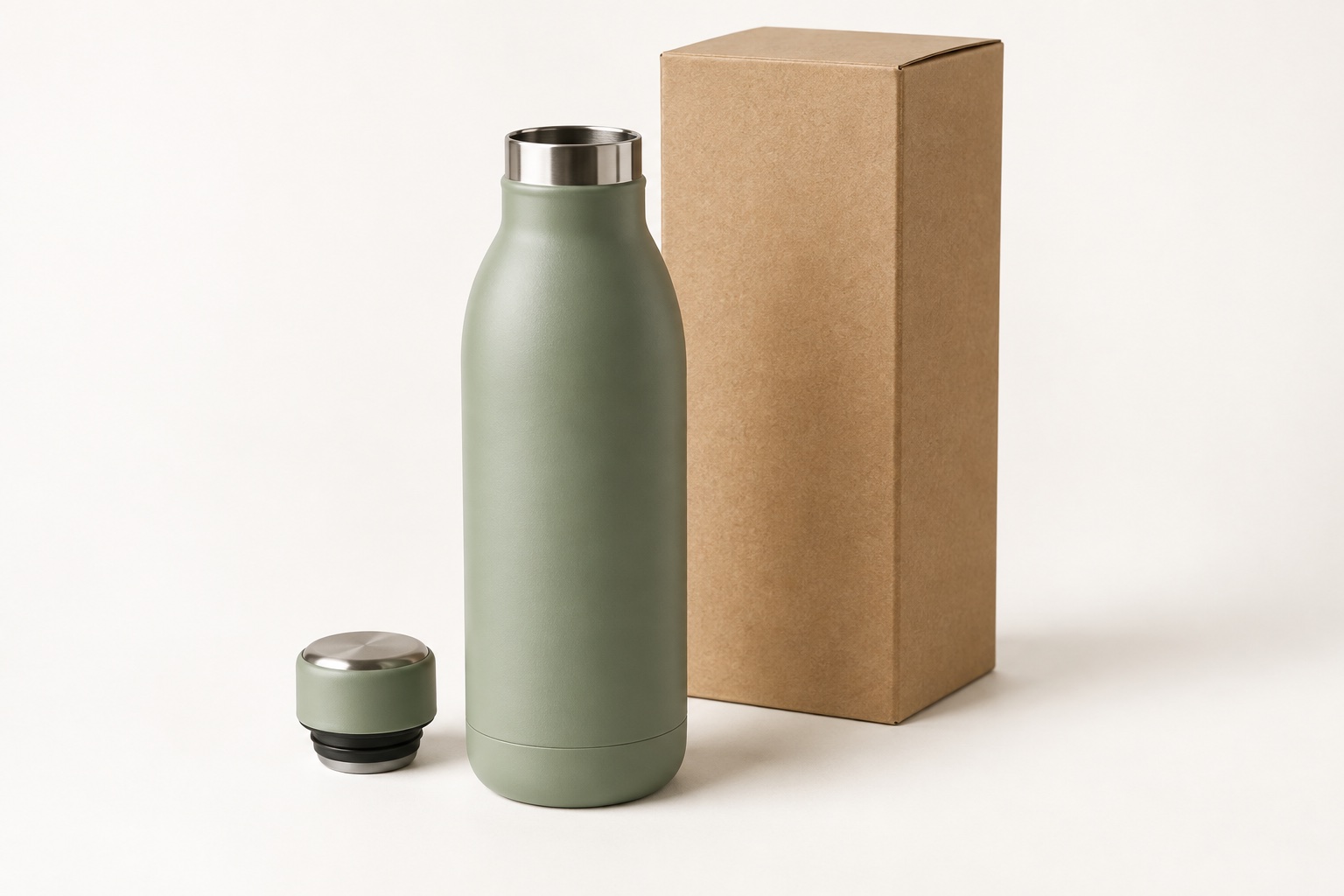 AI-created sage drinks bottle with matching cap and plain kraft carton on a warm white background