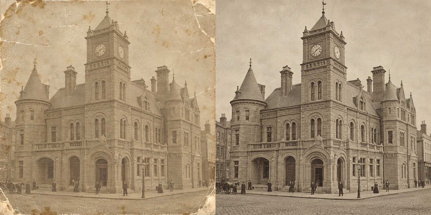 Sepia town hall photograph with faded tones, creases and worn paper edges