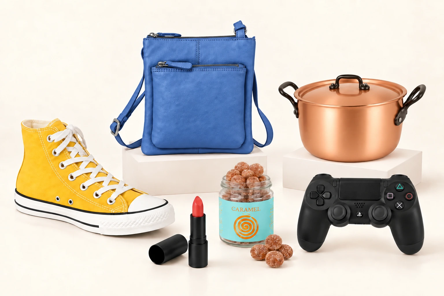 Promotional composition of yellow trainer with white laces, blue bag, copper pan, lipstick, sweets and controller on ivory plinths