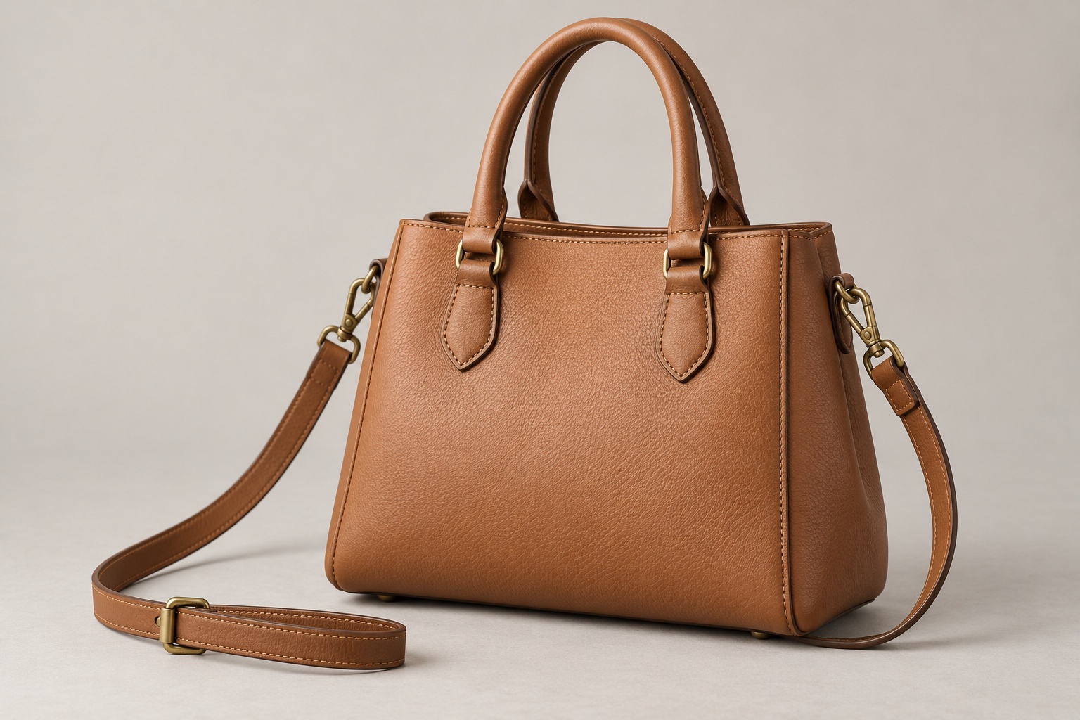 AI-created tan leather handbag with short handles, brass fittings and an attached shoulder strap