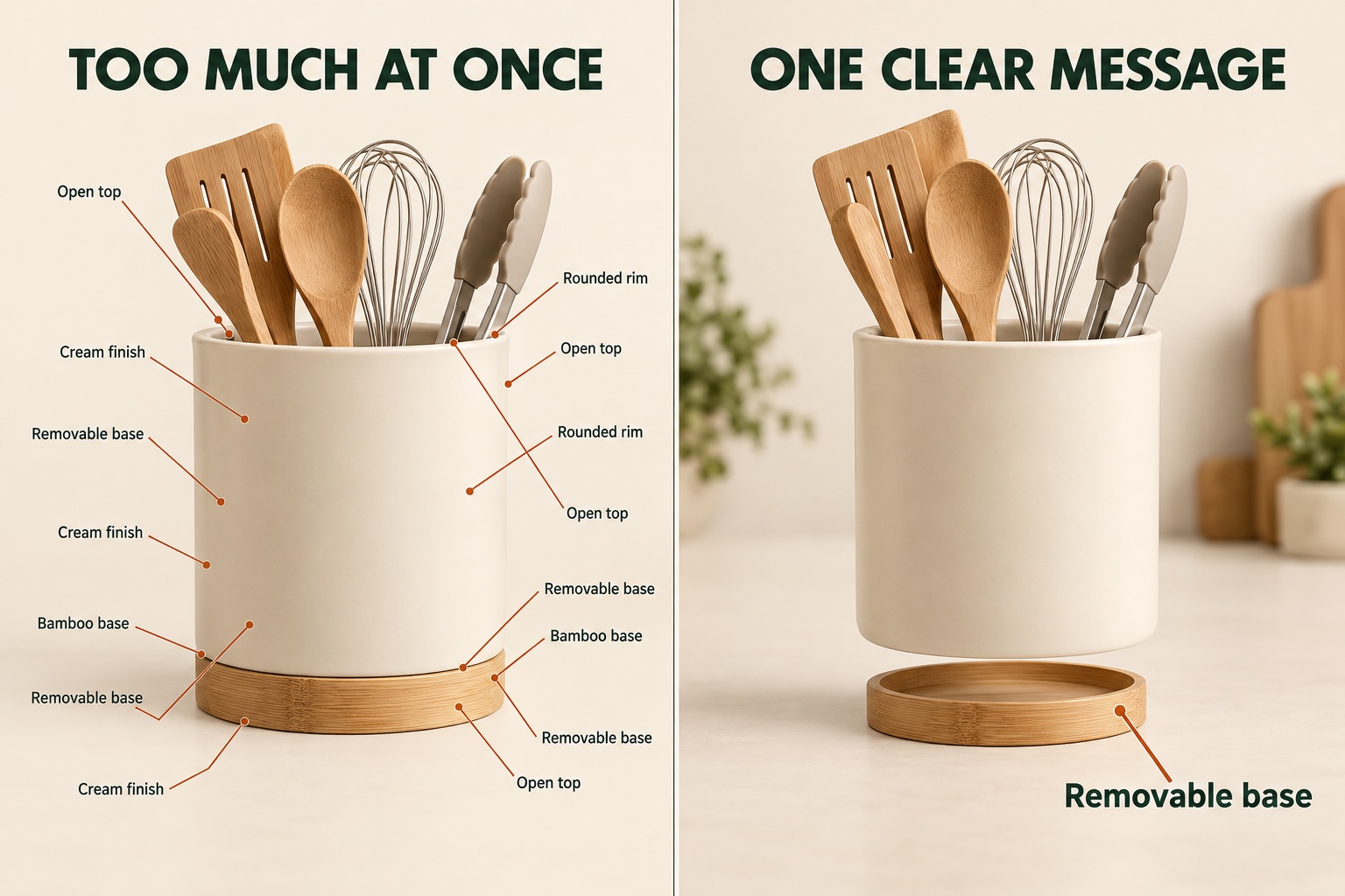 AI-created comparison of crowded and focused infographic layouts for a cream utensil pot