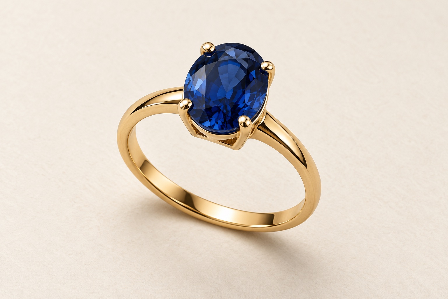 AI-created gold ring with an oval blue gemstone and raised claw setting on an ivory background