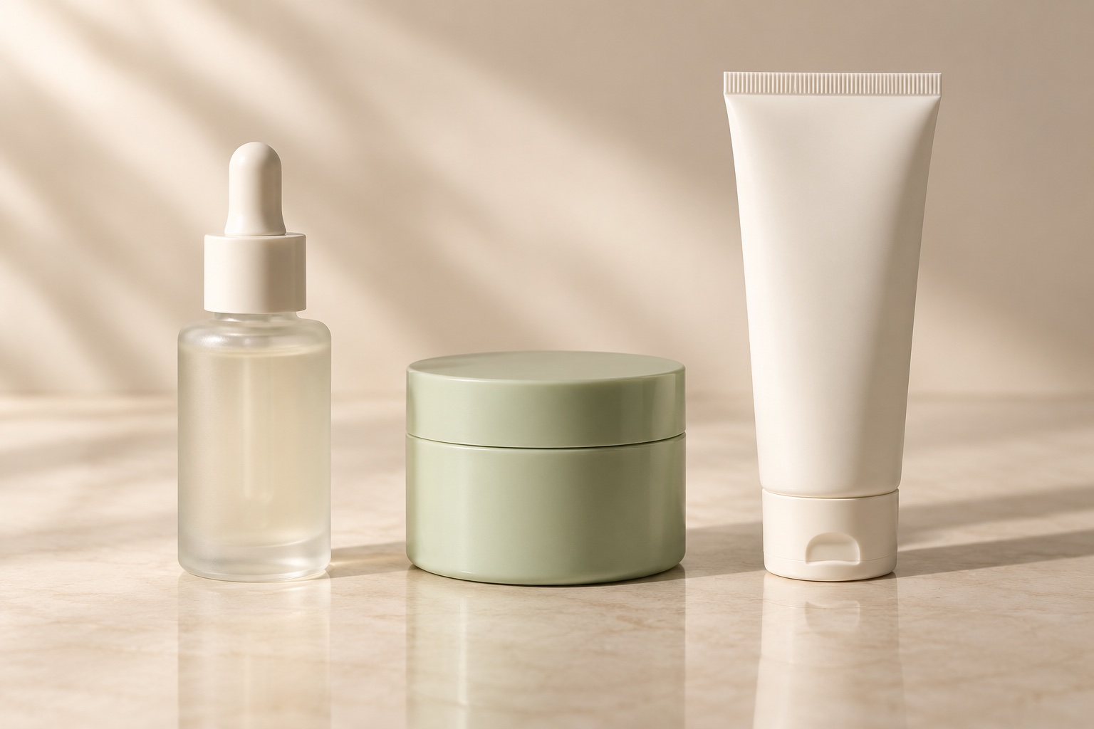 AI-created serum bottle, sage moisturiser jar and ivory tube on a warm neutral background